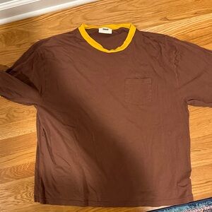 Elwood Men's Casual Brown Shirt with Yellow Collar. Vintage feel. Oversized